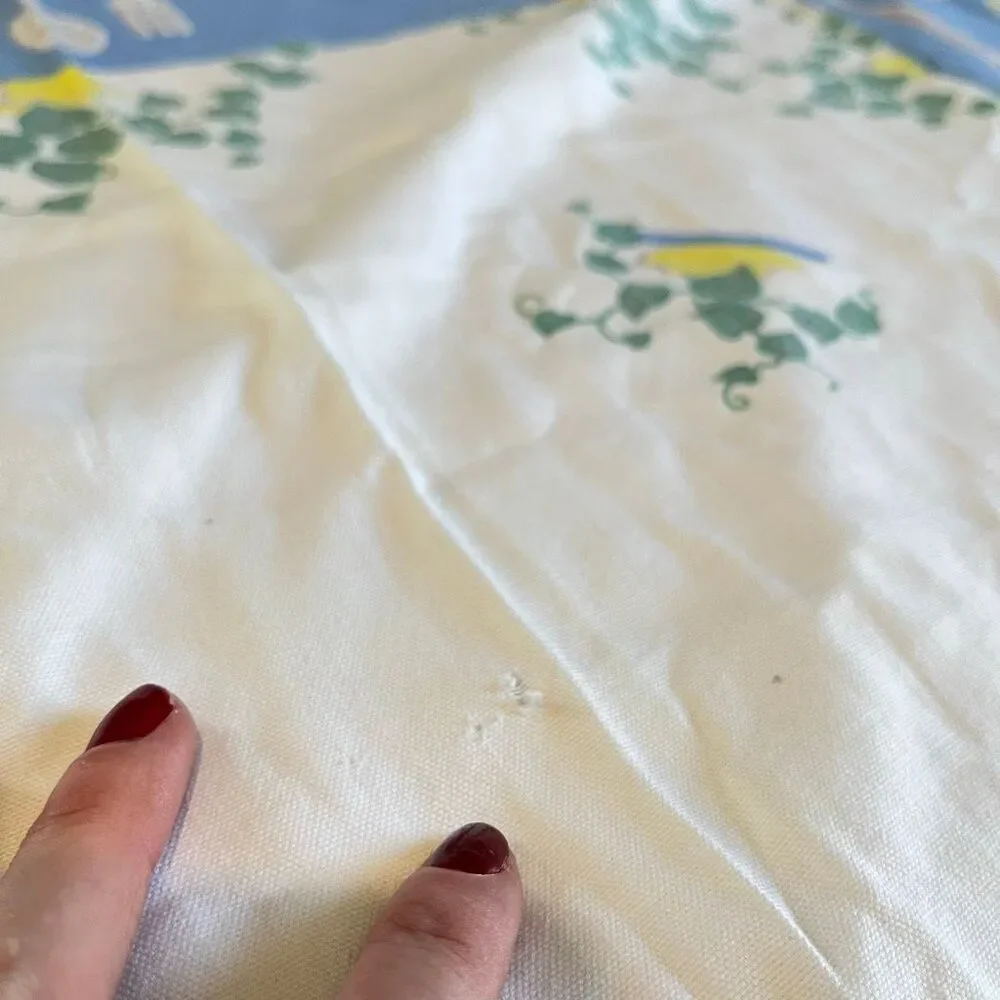 VTG Blue Yellow Kitchen Tablecloth 44x58 Teapot Ivy Border Retro MCM Cotton